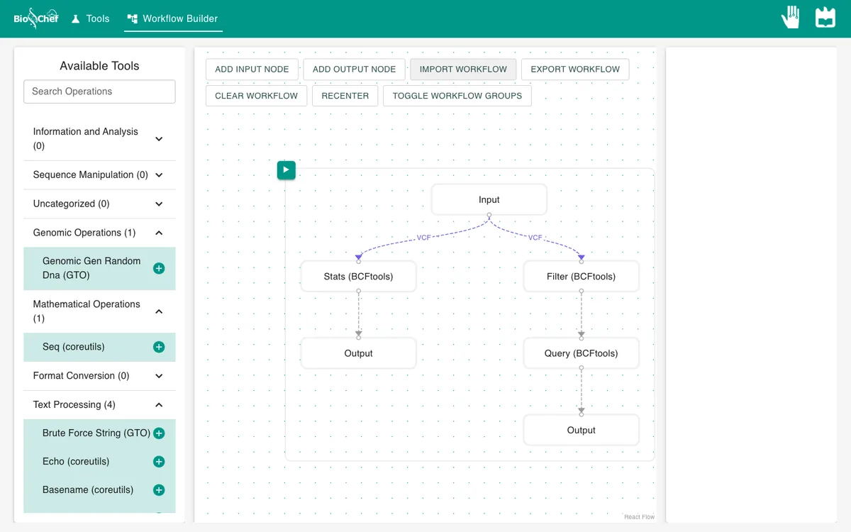Workflow: Input feeding Stats (BCFtools) with an Output, and Filter (BCFtools) then Query (BCFtools) with an Output.