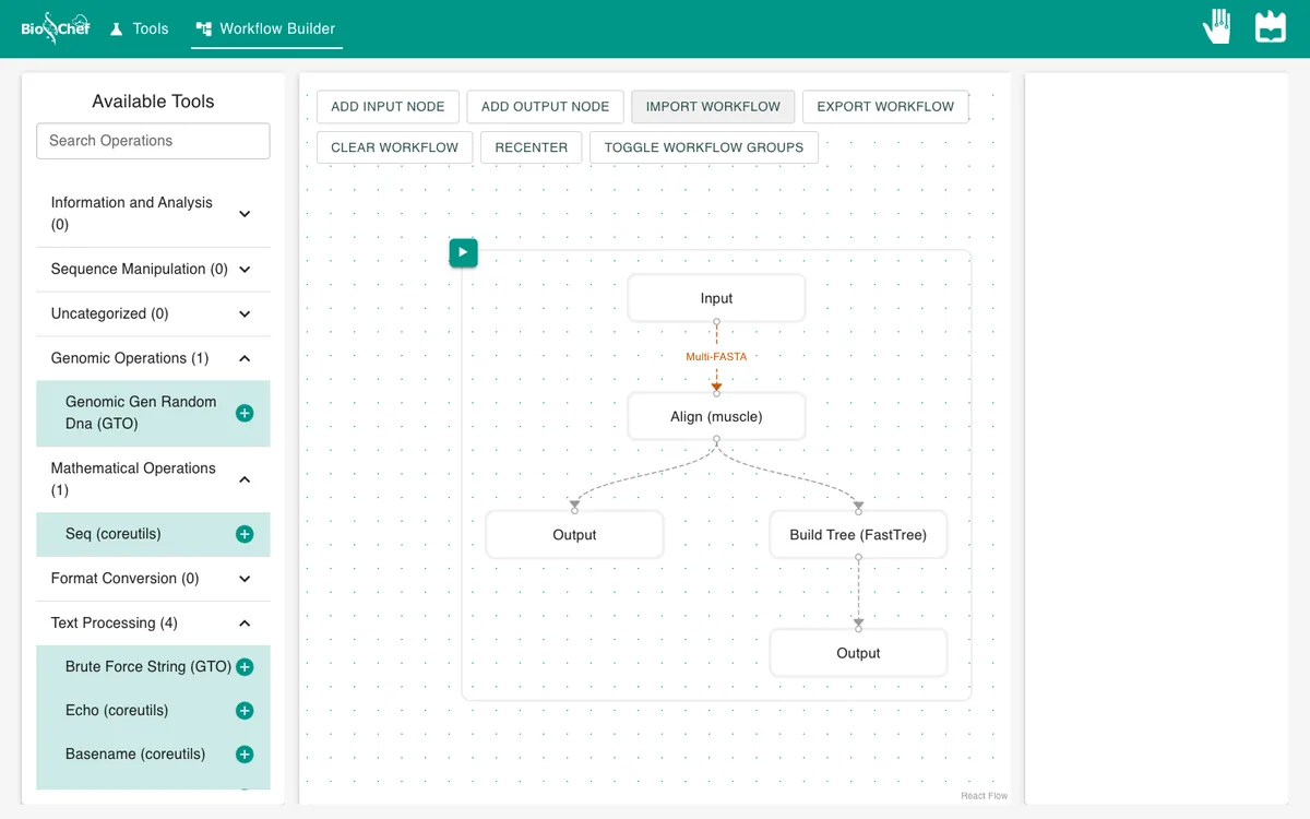 Workflow: Input, Align (muscle), an Output for the alignment, Build Tree (FastTree) and an Output for the tree.