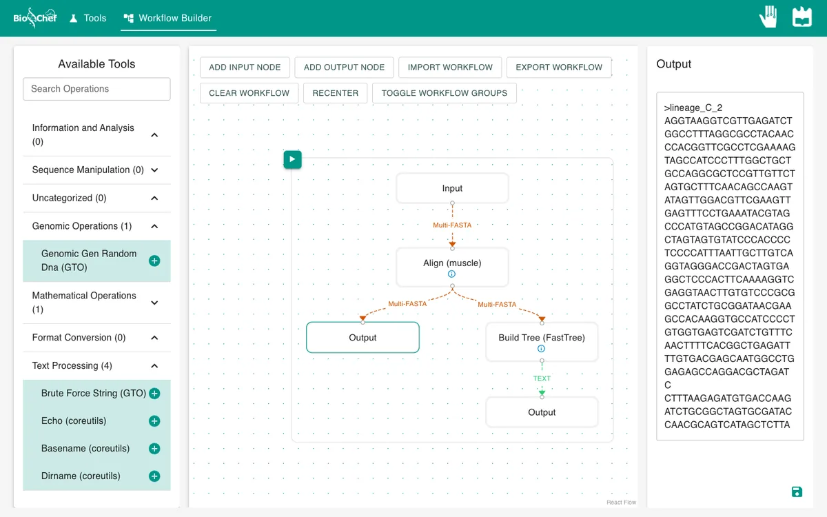 Output panel with the multiple alignment in FASTA format, gaps shown as dashes.