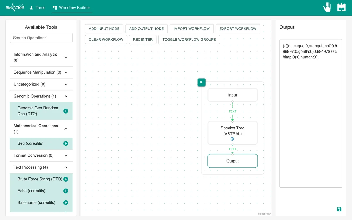 Output with the species tree in Newick format and its support values.