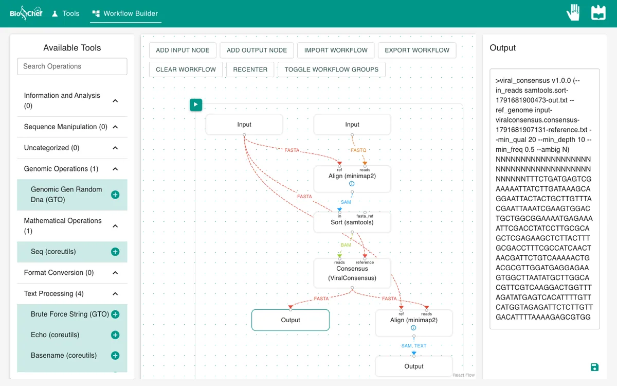 Output panel with the consensus FASTA; the header lists the ViralConsensus settings and the sequence starts with Ns.